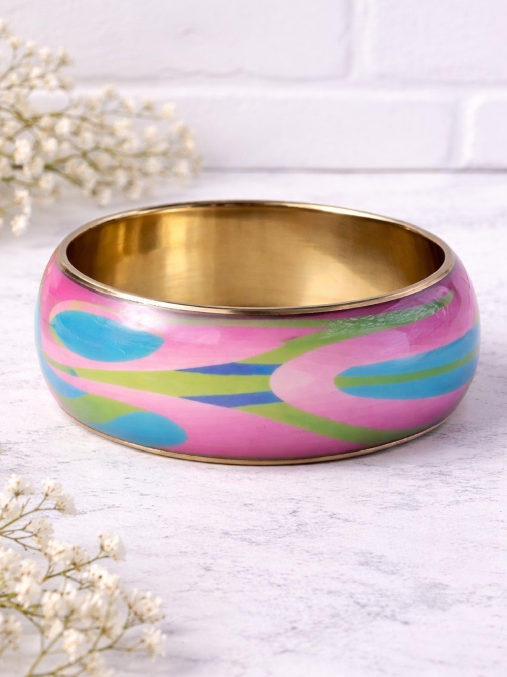Y2K Vintage Wide Enamel Bangle Pink Green Blue Statement Bracelet